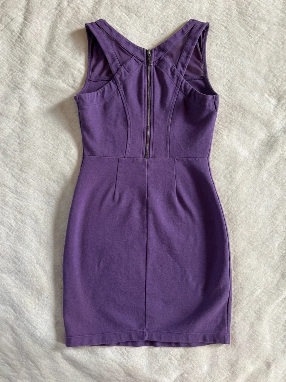Guess Purple Bodycon Mini Dress Mesh Trim Zip Back Sleeveless Size Small